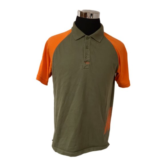 NIKE AIR Mens Medium Green Orange Short Sleeve 3 Button Spell Out Polo Shirt - Picture 1 of 12